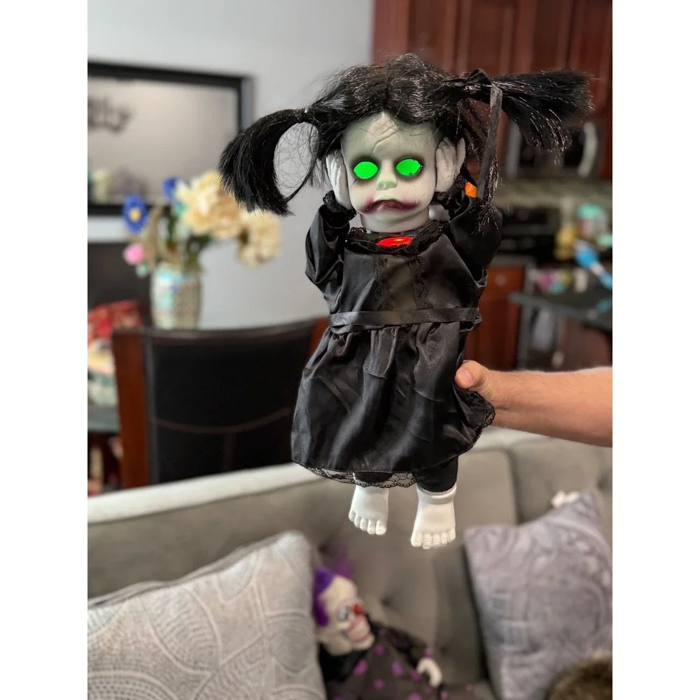 Spooky‎ Animated Doll Creepy Girl Glowing Eyes Black Dress talks